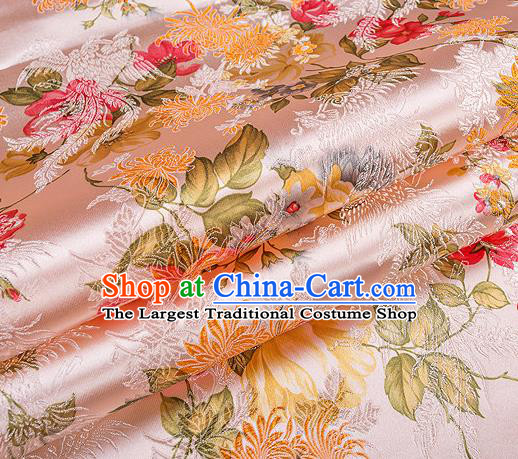 Traditional Chinese Classical Light Pink Satin Brocade Drapery Chrysanthemum Peony Pattern Design Qipao Dress Silk Fabric Material