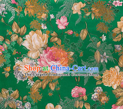 Traditional Chinese Classical Deep Green Satin Brocade Drapery Chrysanthemum Peony Pattern Design Qipao Dress Silk Fabric Material