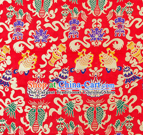 Traditional Chinese Red Nanjing Brocade Drapery Classical Fishes Pattern Design Satin Qipao Dress Silk Fabric Material