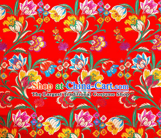 Asian Chinese Traditional Fabric Red Brocade Silk Material Classical Tulipa Pattern Design Satin Drapery