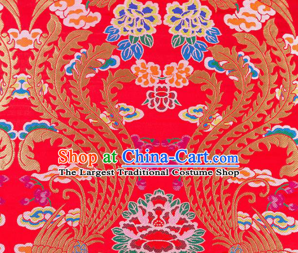 Asian Chinese Traditional Red Satin Fabric Tang Suit Nanjing Brocade Silk Material Classical Phoenix Peony Pattern Design Drapery