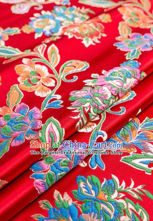 Asian Chinese Traditional Satin Fabric Tang Suit Red Nanjing Brocade Silk Material Classical Peony Pattern Design Drapery