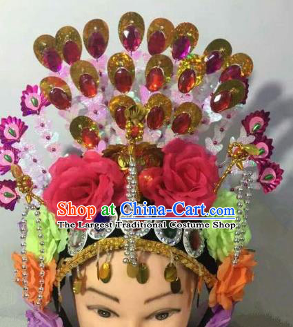 Chinese Traditional Folk Dance Red Peony Hair Accessories Ancient Peking Opera Diva Headwear for Women