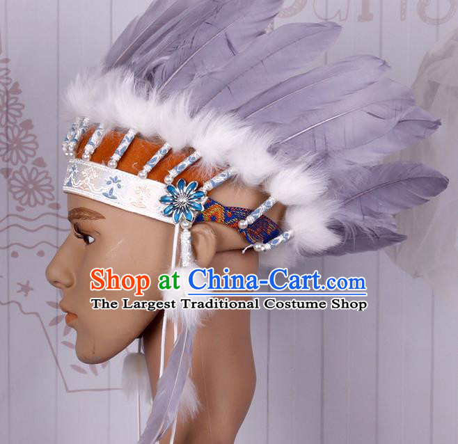 Halloween Catwalks Apache Chief Grey Feather Headdress Cosplay Thanksgiving Day Primitive Tribe Feather Hat for Adults