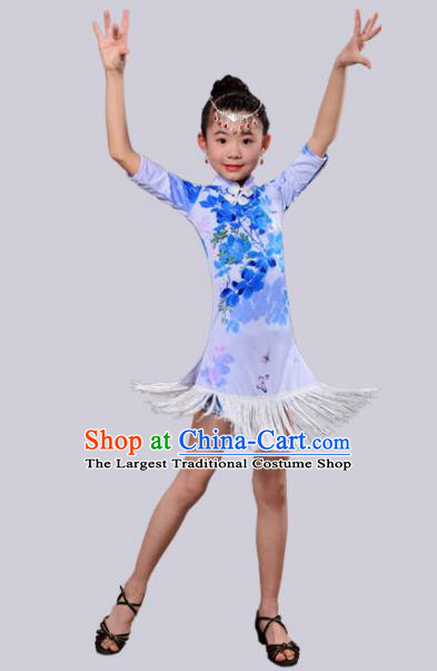 Chinese Traditional Classical Dance Costumes Latin Dance Blue Qipao Dress for Kids