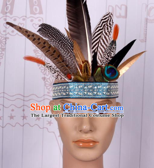 Halloween Catwalks Savage Colorful Feather Headdress Cosplay Apache Knight Feather Hair Clasp for Adults