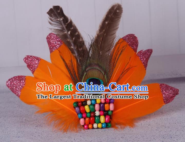 Halloween Catwalks Orange Feather Hair Accessories Cosplay Primitive Tribe Feather Hair Clasp for Kids