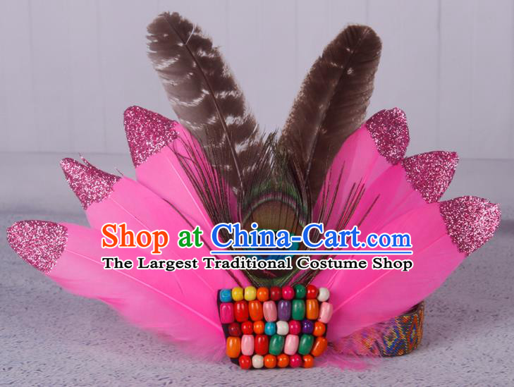 Halloween Catwalks Pink Feather Hair Accessories Cosplay Primitive Tribe Feather Hair Clasp for Kids