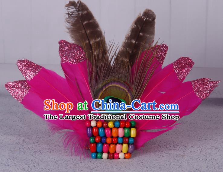 Halloween Catwalks Rosy Feather Hair Accessories Cosplay Primitive Tribe Feather Hair Clasp for Kids