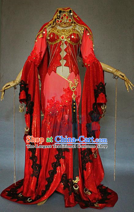 Asian Chinese Cosplay La Bayadere Red Costumes Ancient Swordswoman Dress Clothing for Women