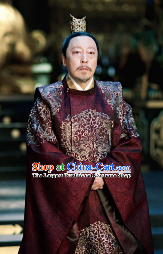 Chinese Ancient Tang Dynasty Imperial Emperor Costumes The Rise of Phoenixes King Clothing and Headpiece Complete Set