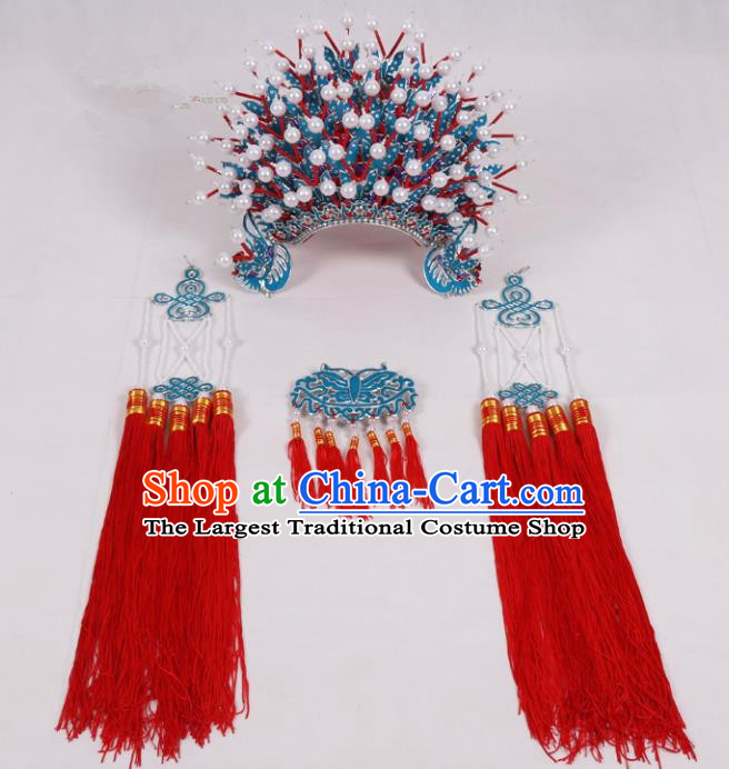 Chinese Traditional Peking Opera Actress Hat Ancient Bride Red Tassel Phoenix Coronet for Adults