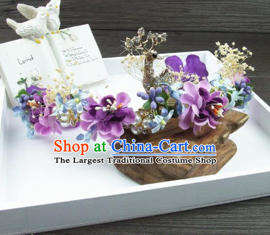 Top Grade Handmade Wedding Hair Accessories Purple Flowers Deer Hair Stick Headwear for Women
