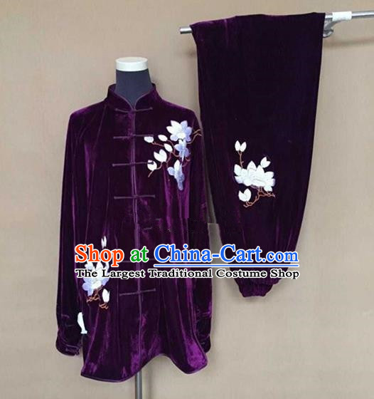 Chinese Traditional Kung Fu Martial Arts Purple Velvet Costumes Tai Chi Training Clothing for Women