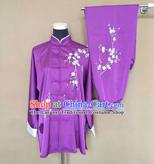 Chinese Traditional Kung Fu Embroidered Purple Costumes Martial Arts Tai Chi Training Clothing for Women