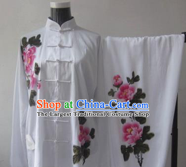 Chinese Traditional Kung Fu Printing Peony Silk Costumes Martial Arts Tai Chi Training Clothing for Women