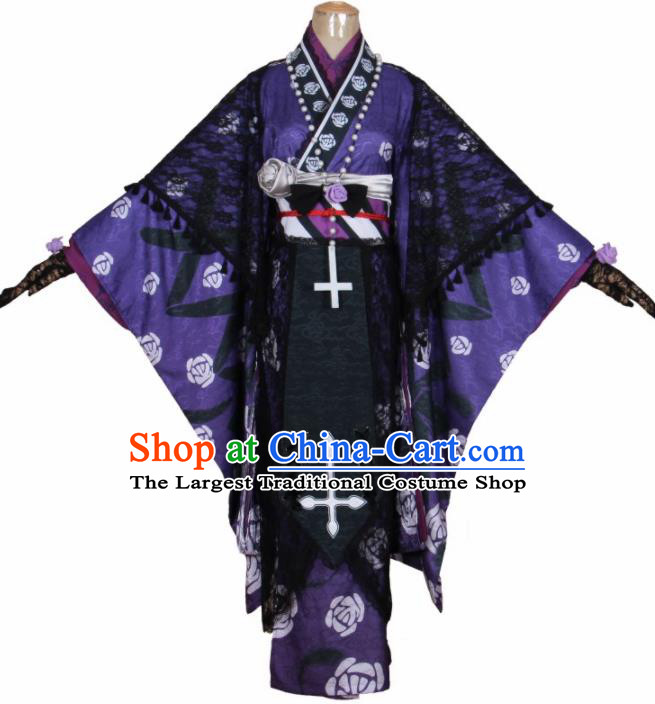 Asian Japanese Traditional Cosplay Costumes Ancient Purple Furisode Kimono Yukata Clothing for Women
