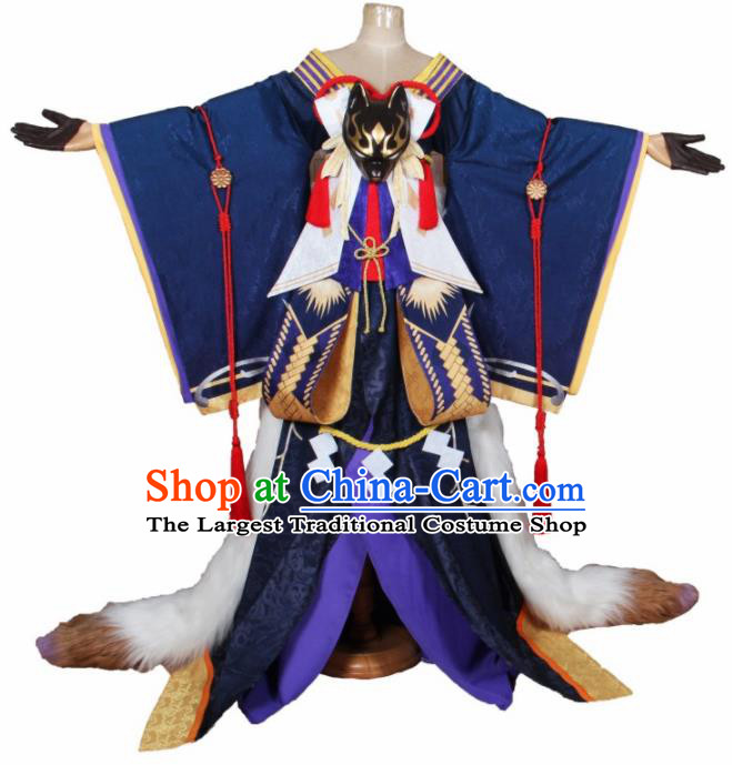 Asian Japanese Traditional Cosplay Fox Fairy Costumes Ancient Blue Furisode Kimono Yukata Clothing for Women