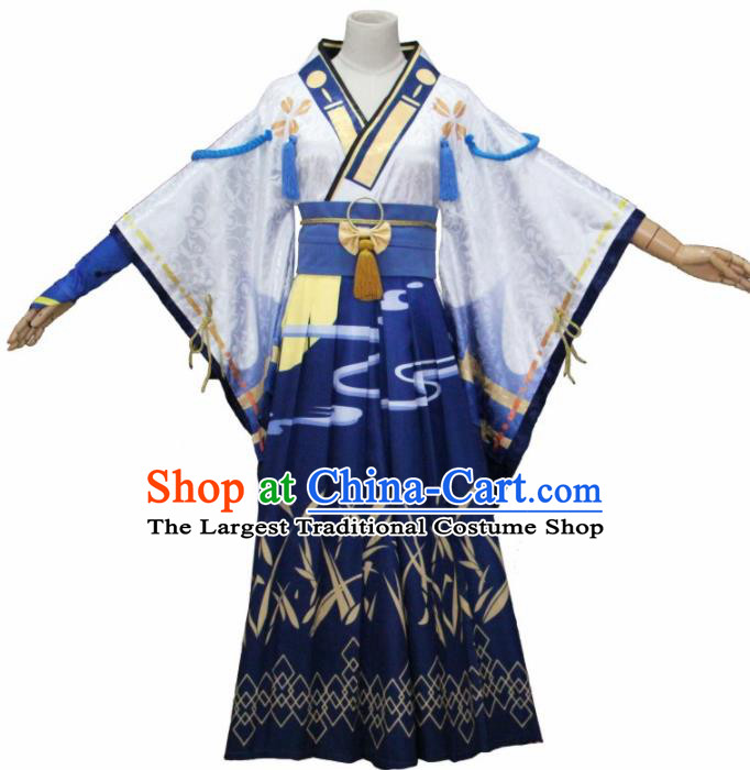 Asian Traditional Cosplay Costumes Japanese Ancient Blue Furisode Kimono Yukata Clothing for Women