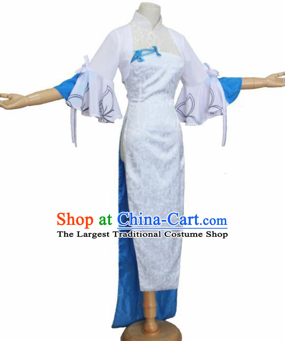 Chinese Traditional Cosplay Costumes Ancient Swordswoman White Qipao Dress for Women