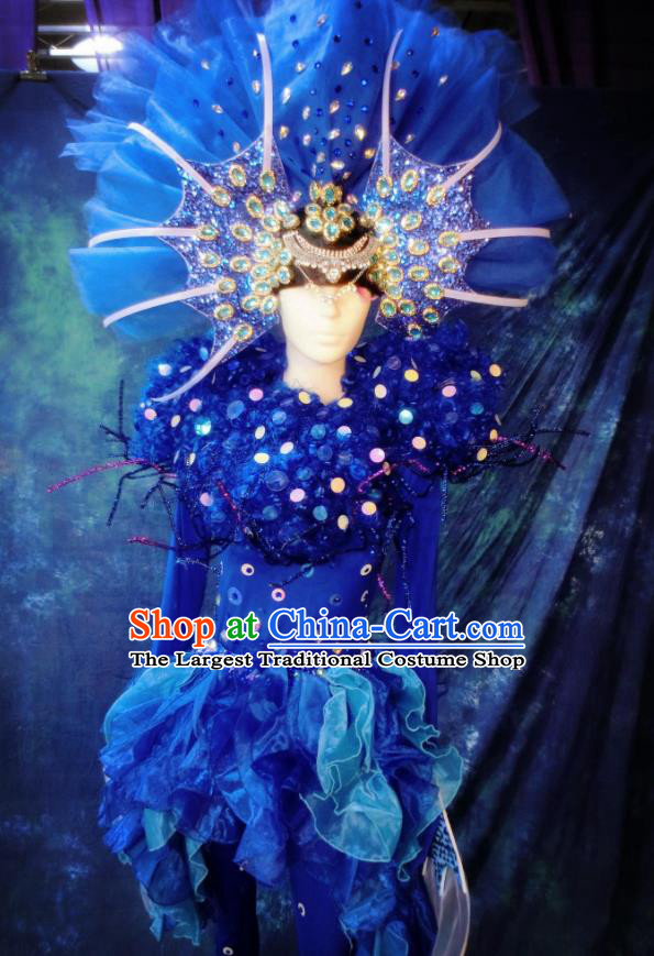 Top Grade Stage Performance Costumes Sea World Cosplay Blue Clothing and Headdress for Women