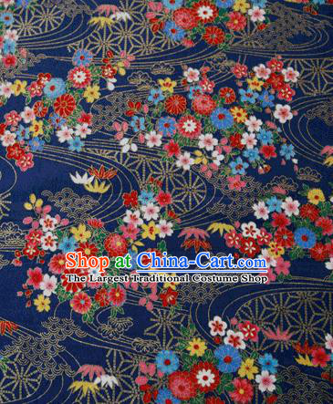 Asian Japanese Traditional Kimono Navy Brocade Fabric Silk Material Classical Flowers Pattern Design Drapery