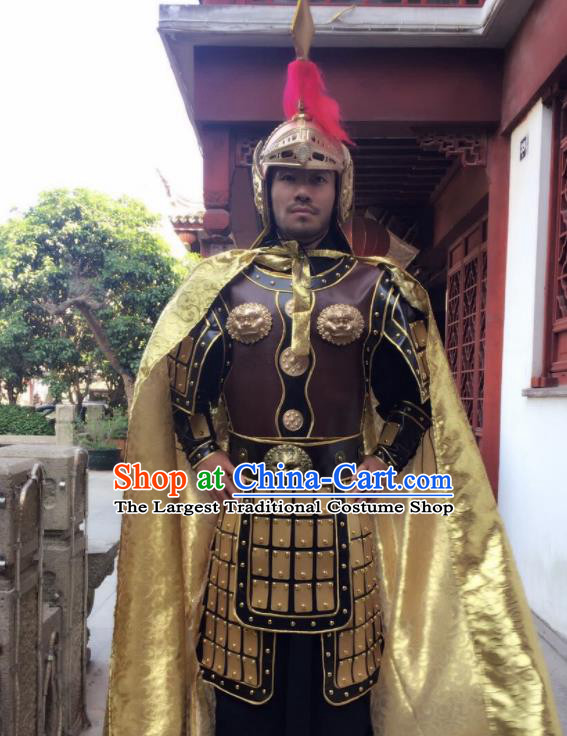 Chinese Traditional Qin Dynasty General Costumes Ancient Warrior Helmet and Body Armour for Men