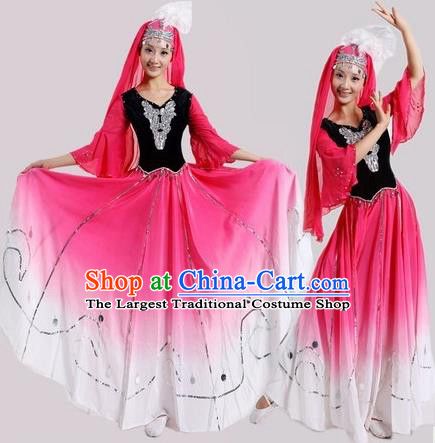 Chinese Traditional Uyghur Nationality Dance Costumes Uigurian Folk Dance Pink Dress for Women