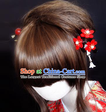 Japanese Traditional Courtesan Red Flowers Hairpins Ancient Geisha Kimono Hair Accessories for Women
