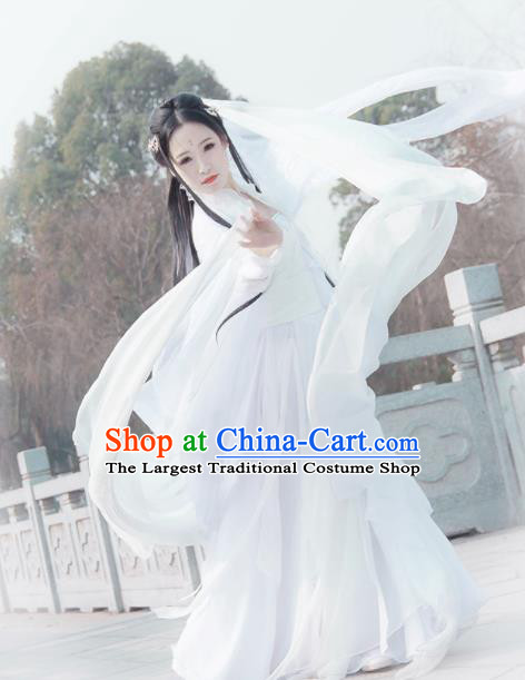Chinese Traditional Ancient Swordswoman Embroidered Costumes Cosplay Peri Princess White Hanfu Dress for Women