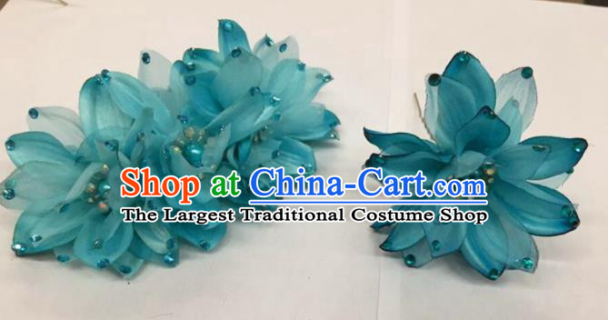 Chinese Traditional Beijing Opera Blue Flowers Hairpins Ancient Peri Hair Accessories for Women