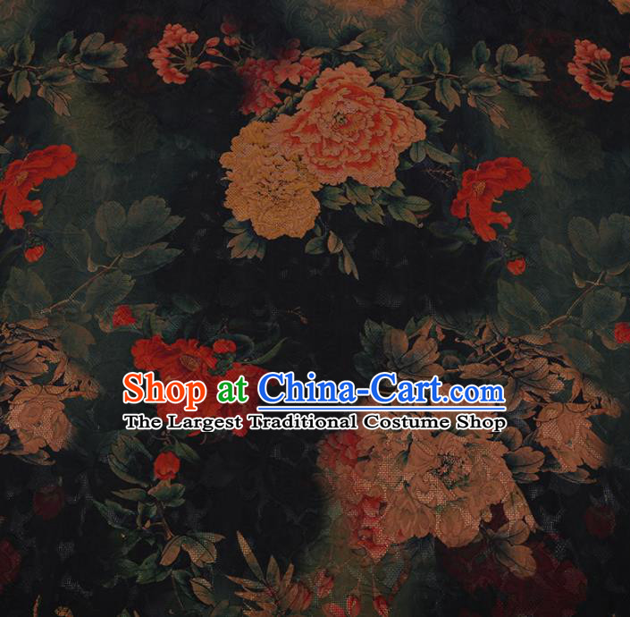 Chinese Traditional Cheongsam Black Crepe Satin Plain Palace Peony Pattern Silk Fabric Chinese Fabric Asian Material