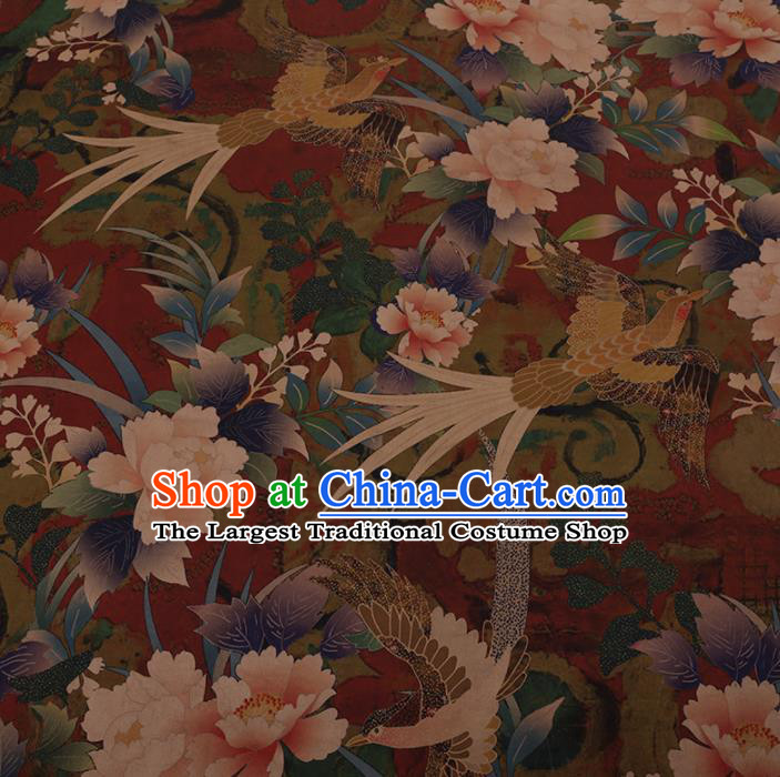 Chinese Traditional Cheongsam Silk Fabric Palace Phoenix Peony Pattern Dark Red Satin Plain Gambiered Guangdong Gauze