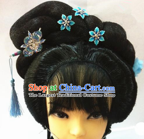 Chinese Traditional Beijing Opera Actress Hair Accessories Ancient Princess Wigs Sheath and Blue Hairpins for Women