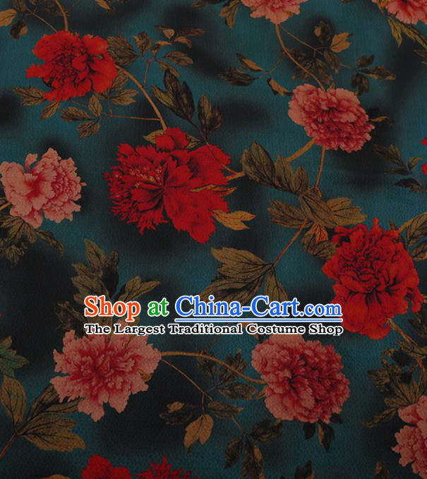 Chinese Traditional Cheongsam Green Silk Fabric Palace Peony Pattern Jacquard Satin Plain Gambiered Guangdong Gauze