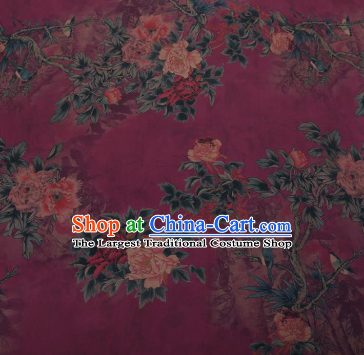 Chinese Traditional Purple Silk Fabric Palace Peony Pattern Cheongsam Jacquard Satin Plain Gambiered Guangdong Gauze
