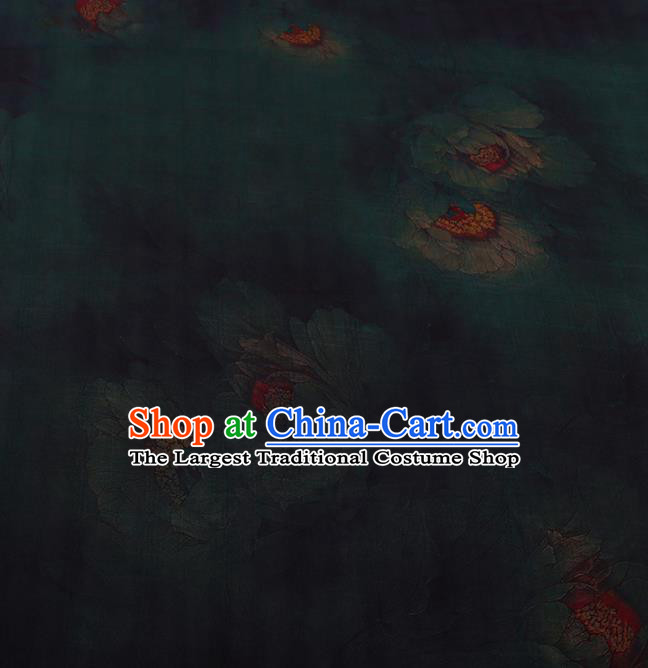 Chinese Traditional Drapery Atrovirens Silk Fabric Palace Lotus Pattern Cheongsam Satin Plain Gambiered Guangdong Gauze