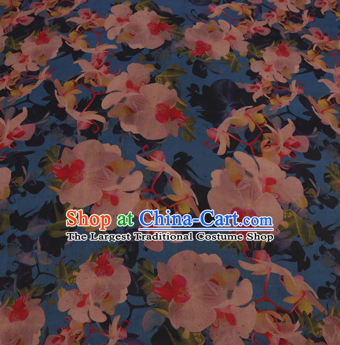 Chinese Classical Blue Satin Plain Traditional Pattern Cheongsam Drapery Silk Fabric Gambiered Guangdong Gauze