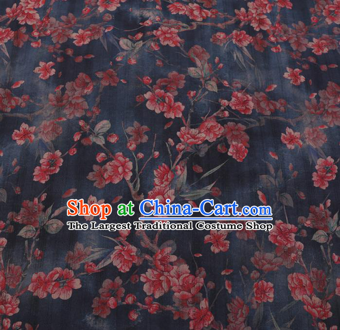 Chinese Classical Navy Satin Plain Traditional Peach Blossom Pattern Cheongsam Drapery Silk Fabric Gambiered Guangdong Gauze