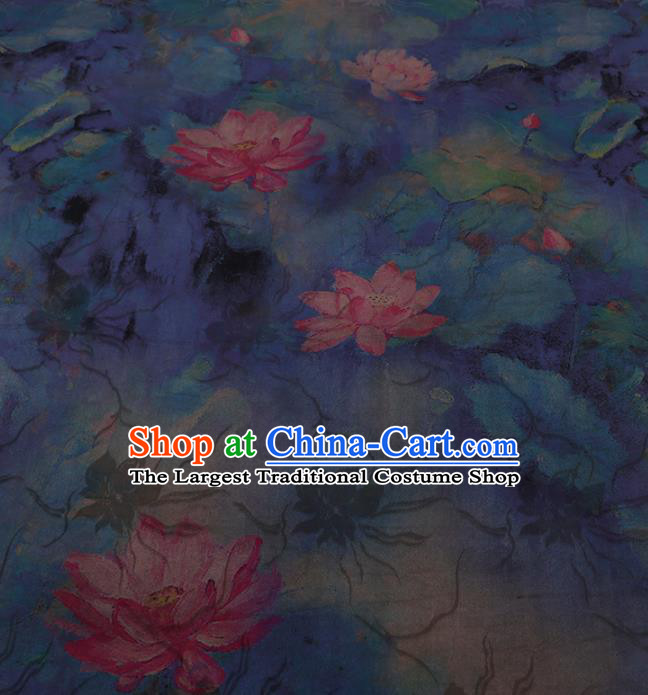 Chinese Classical Blue Silk Fabric Traditional Lotus Pattern Satin Plain Cheongsam Drapery Gambiered Guangdong Gauze