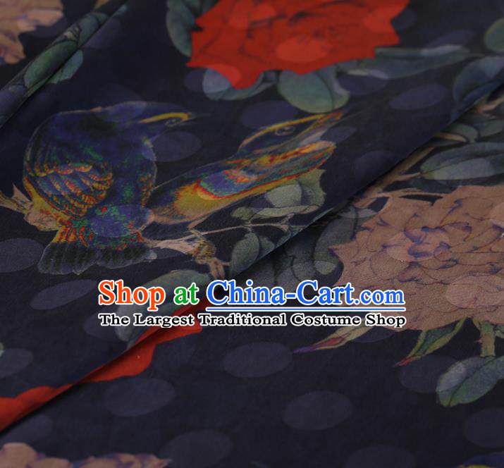Chinese Traditional Navy Silk Fabric Classical Peony Pattern Satin Plain Cheongsam Drapery Gambiered Guangdong Gauze