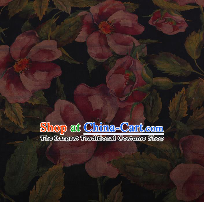 Chinese Traditional Silk Fabric Classical Flowers Pattern Black Satin Plain Cheongsam Drapery Gambiered Guangdong Gauze