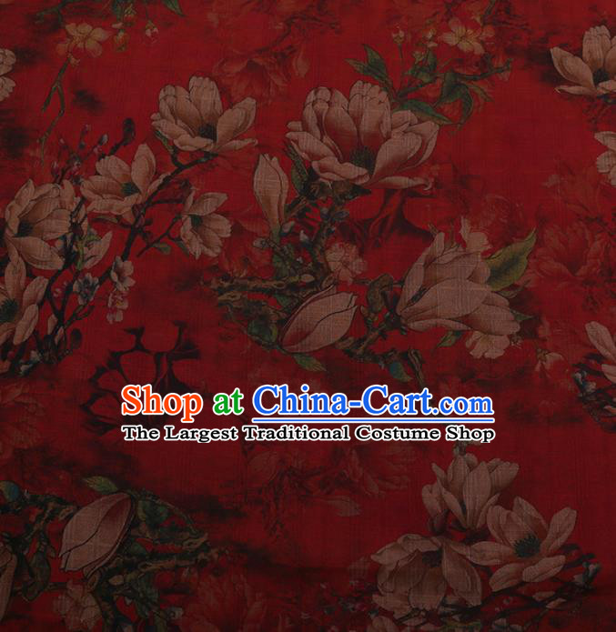 Chinese Traditional Silk Fabric Classical Magnolia Pattern Red Satin Plain Cheongsam Drapery Gambiered Guangdong Gauze