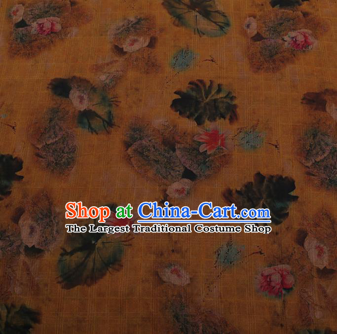 Asian Chinese Silk Fabric Traditional Classical Lotus Pattern Yellow Satin Plain Cheongsam Drapery Gambiered Guangdong Gauze