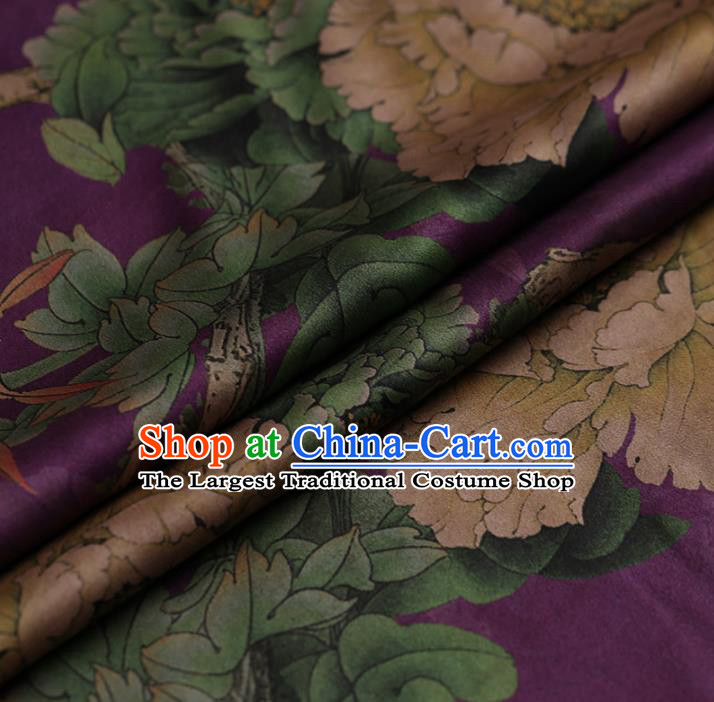 Asian Chinese Gambiered Guangdong Gauze Traditional Purple Satin Plain Classical Peony Pattern Cheongsam Silk Drapery