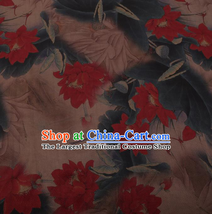 Chinese Traditional Gambiered Guangdong Gauze Satin Plain Classical Red Lotus Pattern Cheongsam Silk Drapery