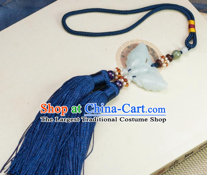 Chinese Traditional Jewelry Accessories Ancient Hanfu Blue Tassel Butterfly Jade Pendant for Women