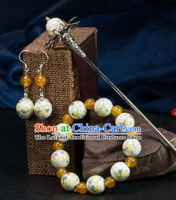 Chinese Traditional Hanfu Hair Accessories Ancient Yellow Beads Ceramics Hairpins and Bracelet Earrings for Women
