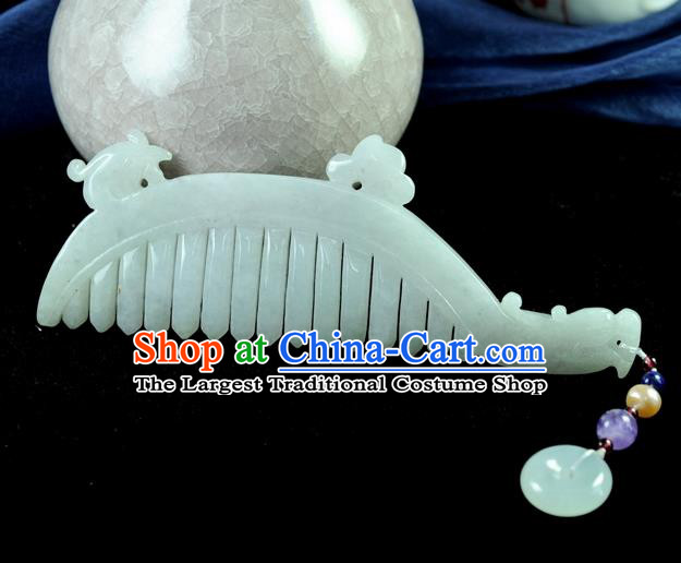Chinese Traditional Jewelry Accessories Jade Sculpture Craft Hair Comb Handmade Jadeite Pendant