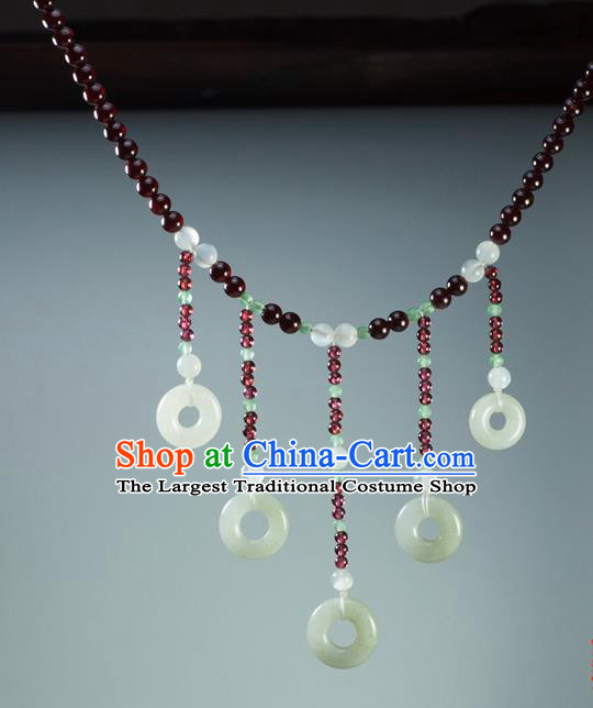 Chinese Traditional Jewelry Accessories Ancient Hanfu Jade Tassel Garnet Necklace for Women